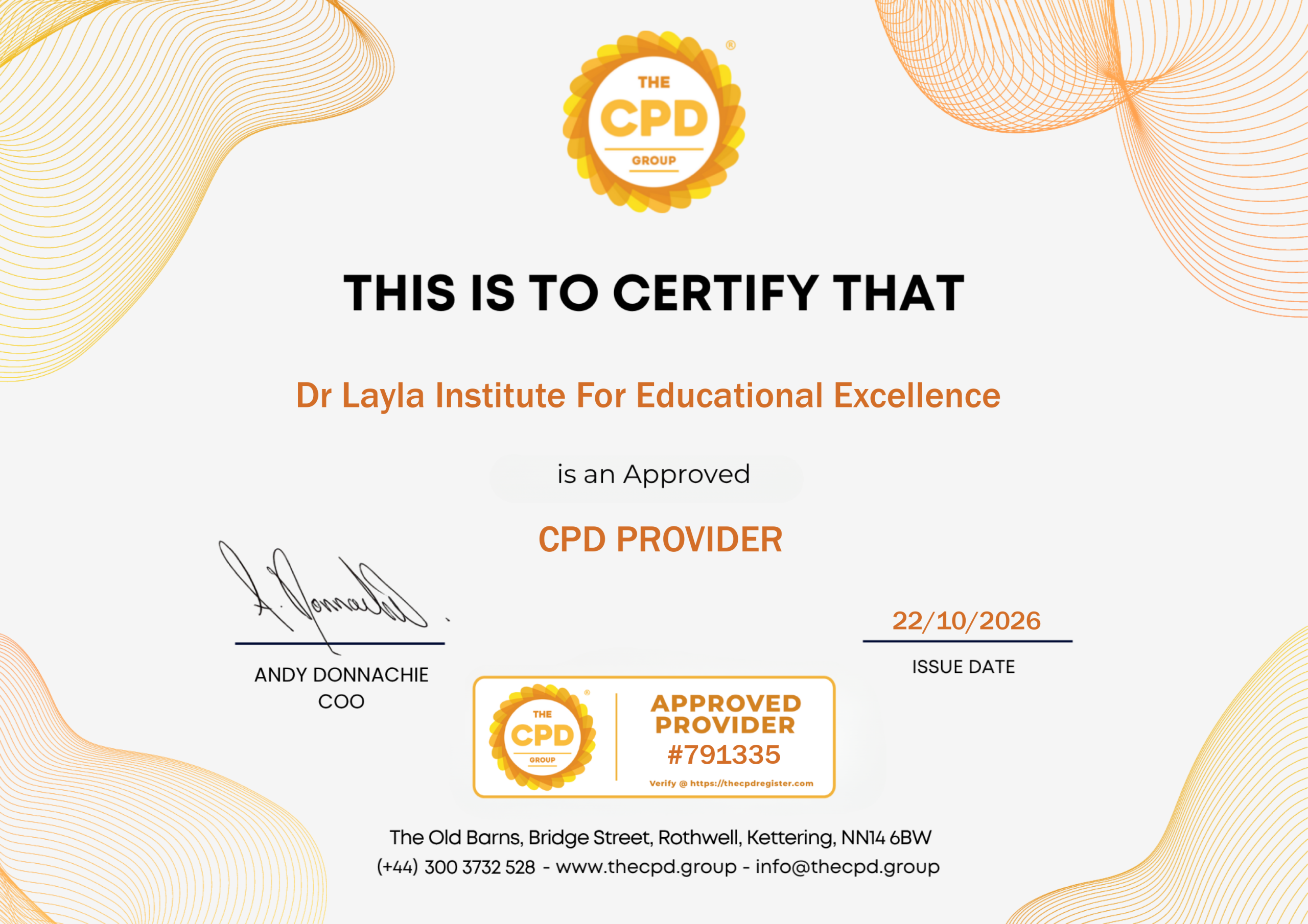 CPD Group Approved Provider Certificate for Dr Layla Institute for Educational Excellence, Approved Provider Number 791335, issued 22 October 2026